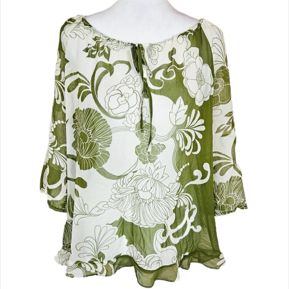 Ann Taylor Sheer Silk Floral Blouse Women's 8 Ruffles Peasant Boho Botanical Tie